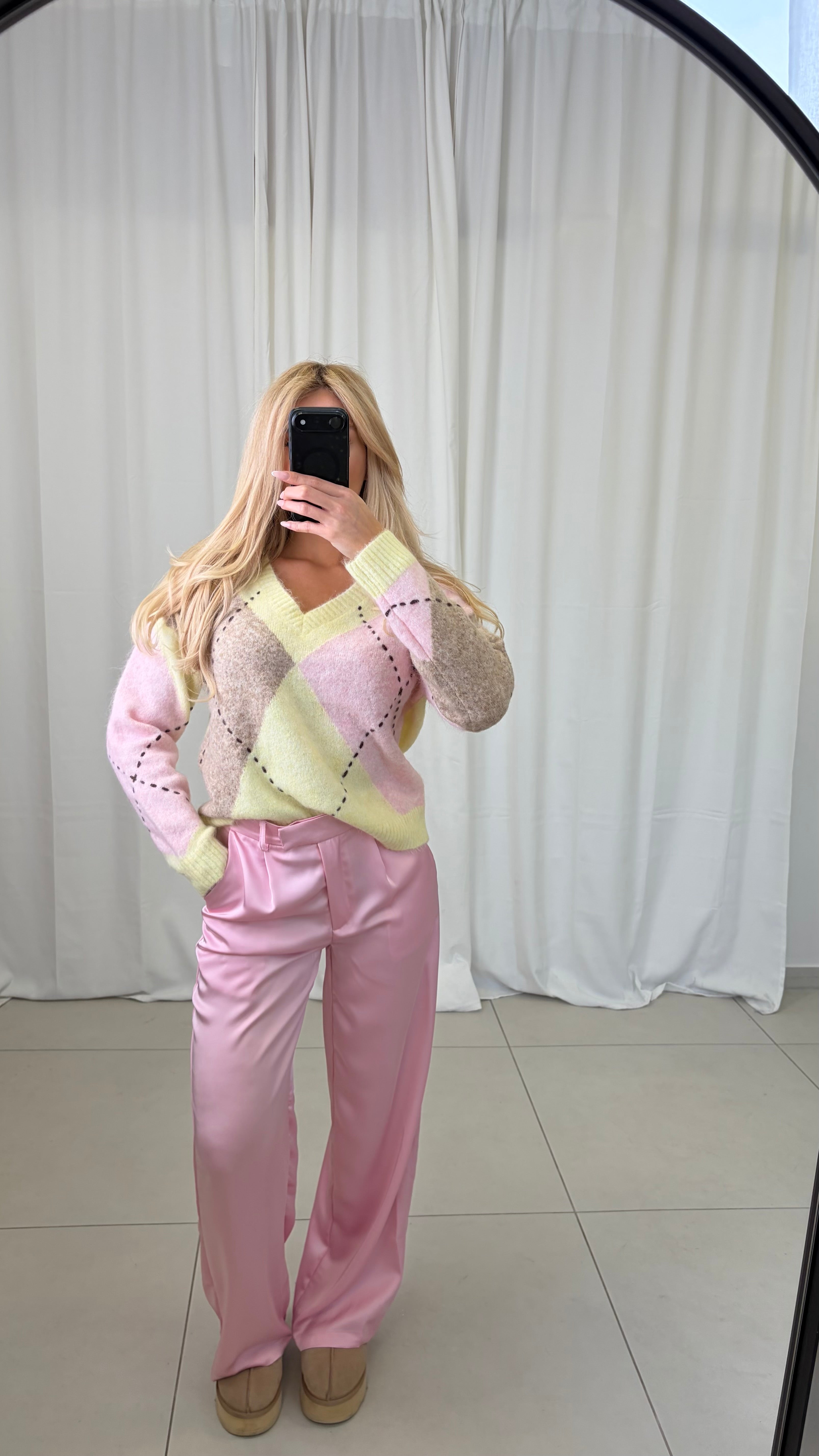 Strickpulli Karo - Gelb / Rosa
