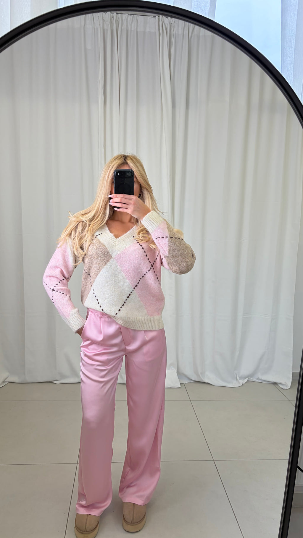 Strickpulli Karo - Beige / Rosa