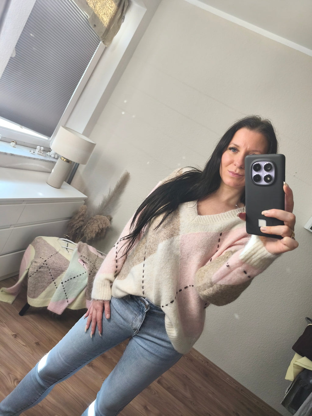 Strickpulli Karo - Beige / Rosa