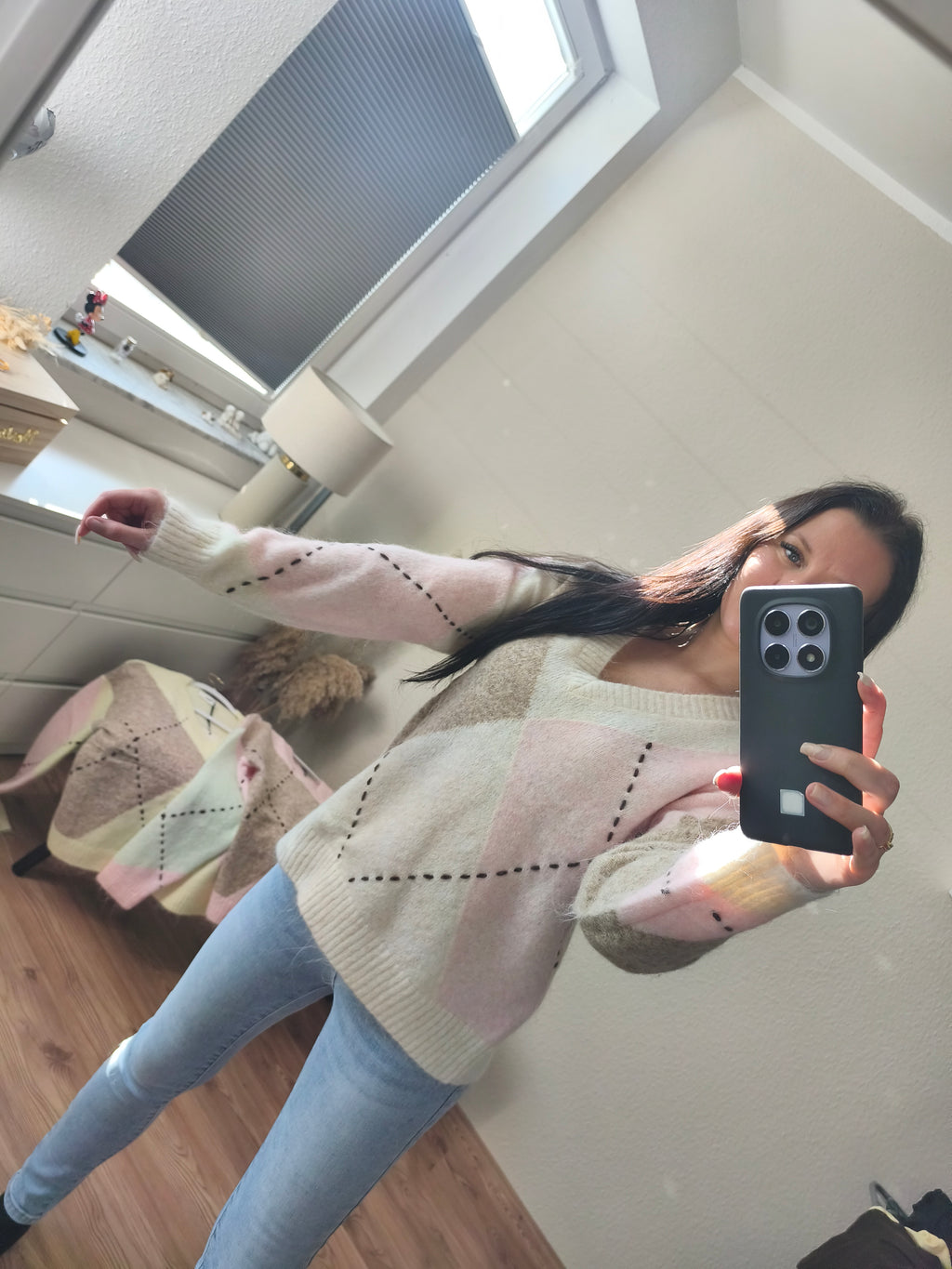 Strickpulli Karo - Beige / Rosa
